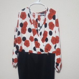 Ashley Stewart White Dress with Red Floral and Black Polka Dots